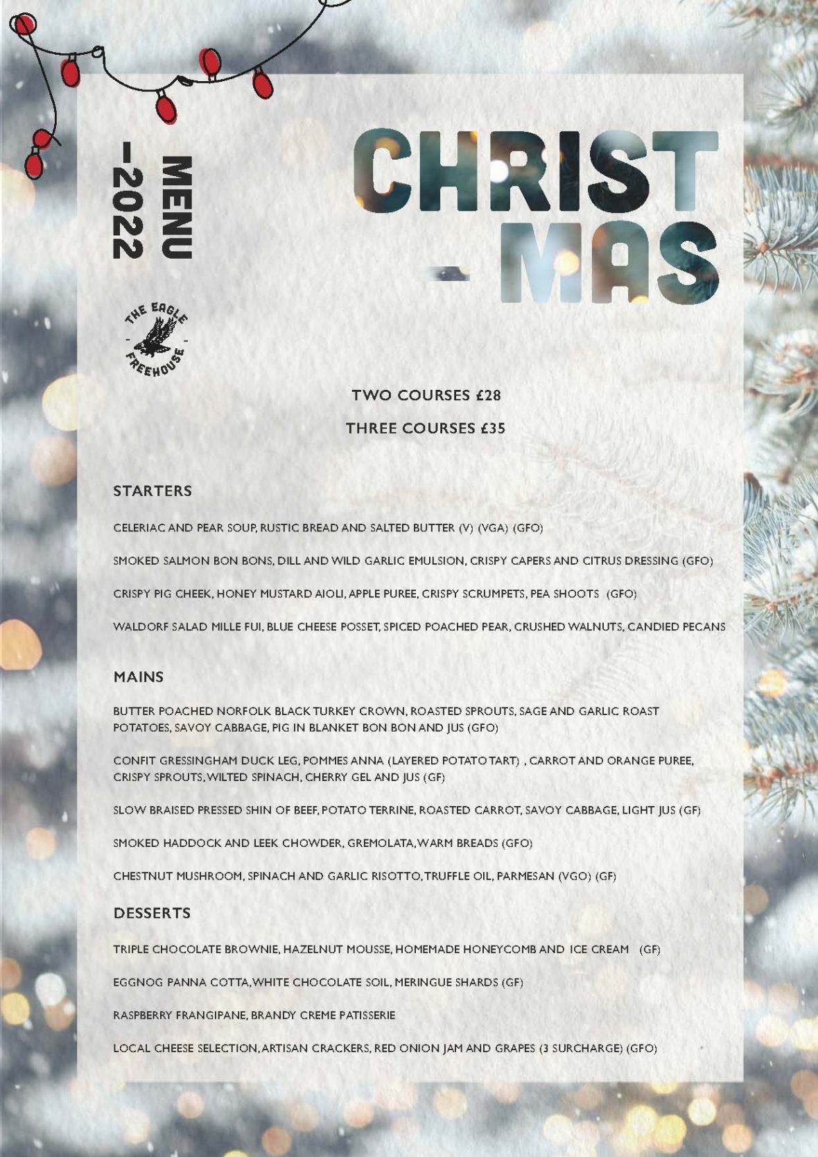 christmas 2022 menu The Eagle Pub Norwich